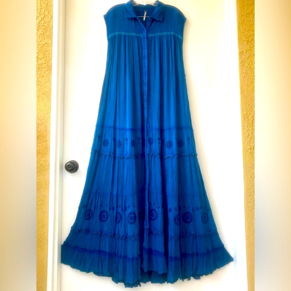 free people pretty cozy maxi button through collared button down teal blue